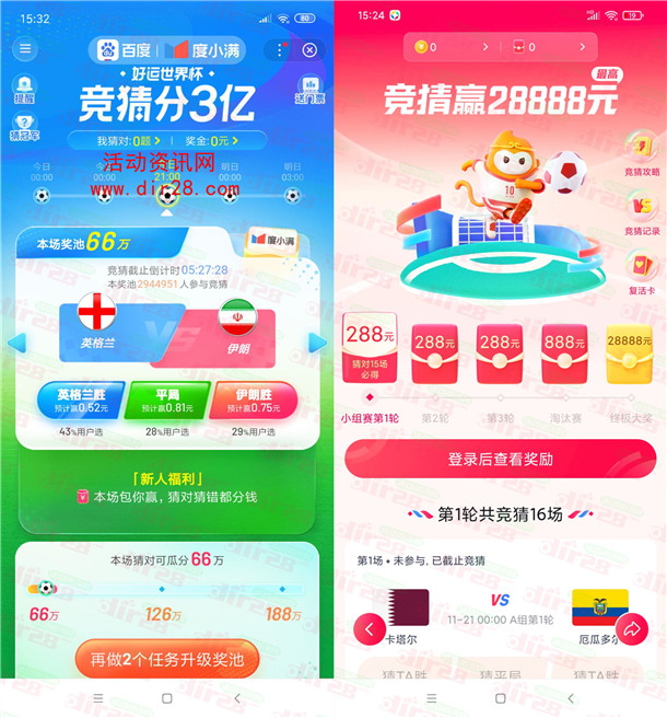 世界杯多个平台活动竞猜瓜分现金红包 最高28888元 可提现