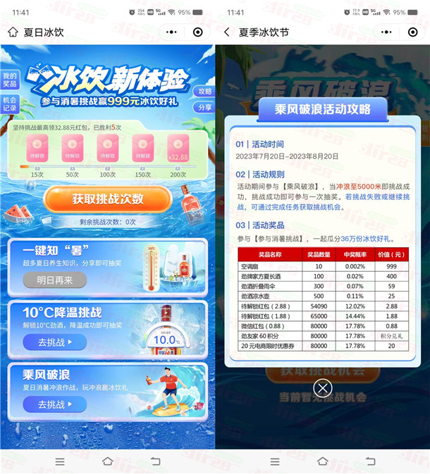 劲友家消暑挑战抽最高32.88元微信红包!亲测中0.88元